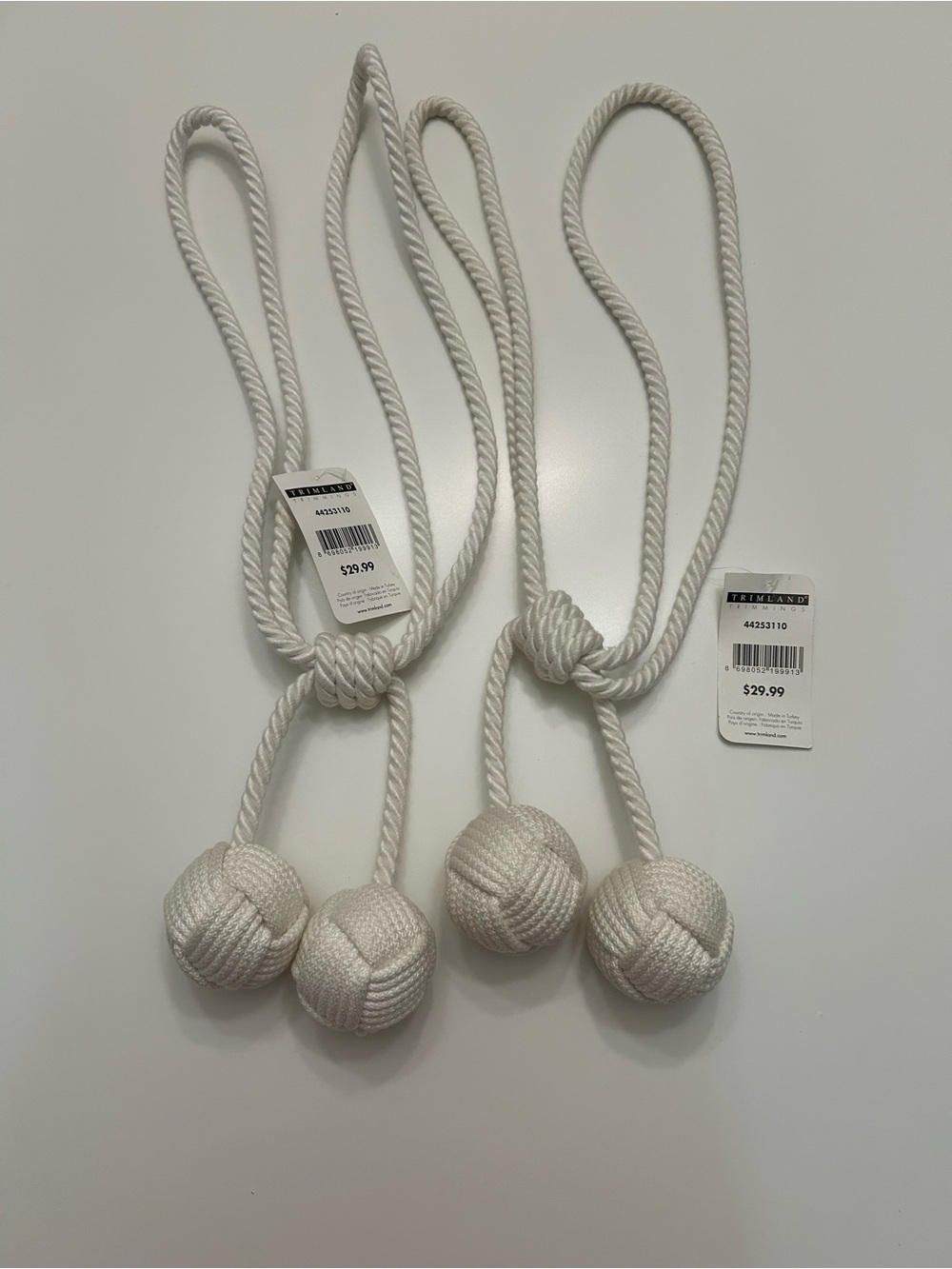 White Rope Curtain Tiebacks with Knotted Tassels